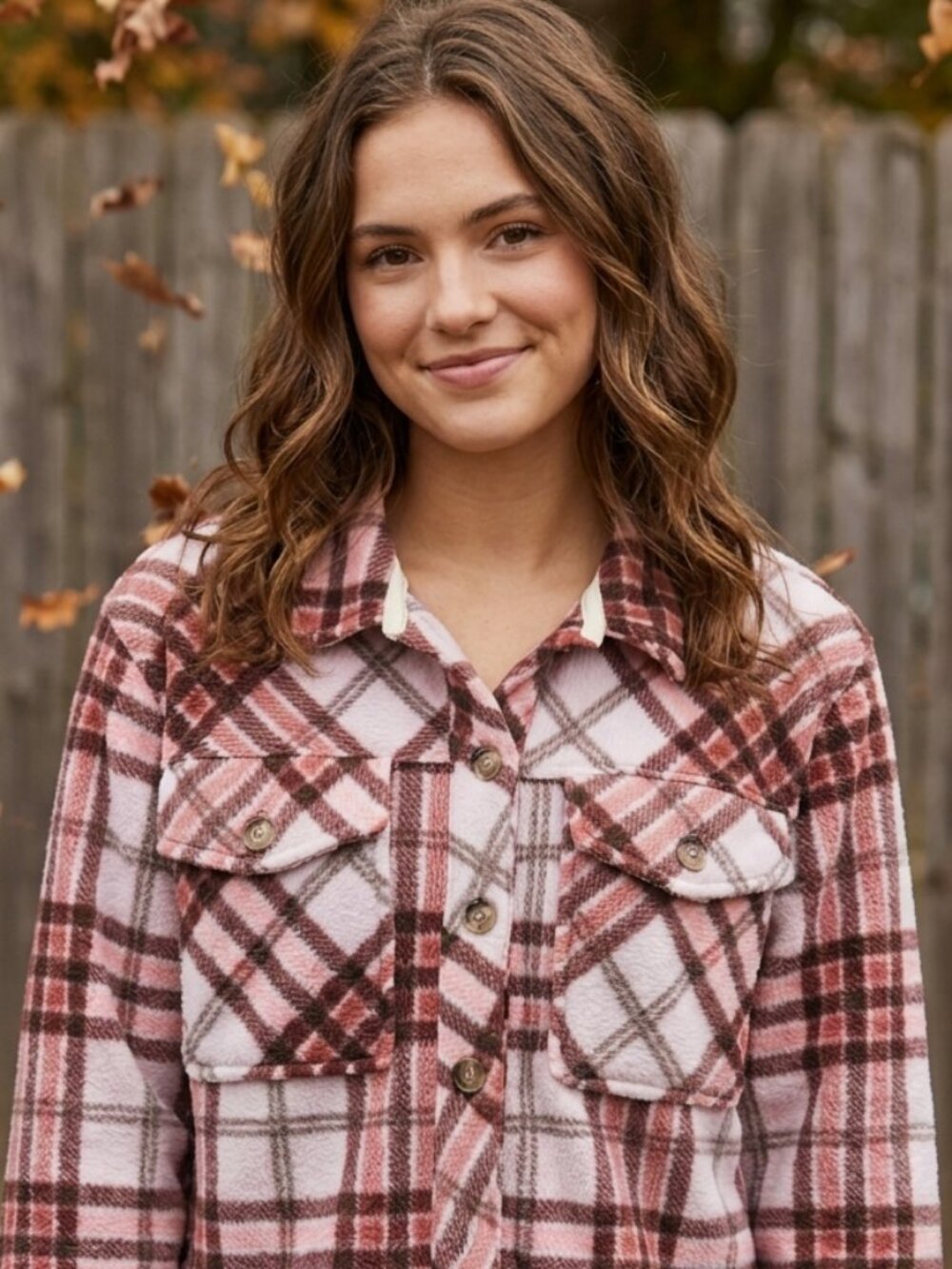 Altar’d State Fleece Pink Plaid Button-Front Shacket XS